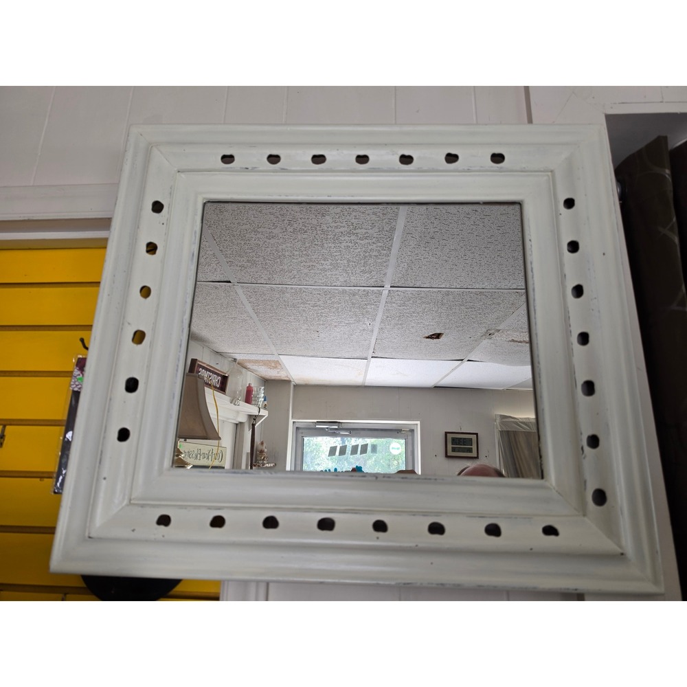1960s Rustic Distressed White Wood Wall Mirror Farmhouse Chunky Frame 28x20